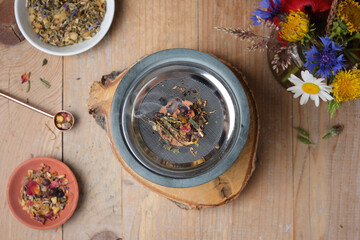 Overhead view of burning incense (frankincense, resins, dried herbs) in an incense burner with tea light. Warm lighting and natural tones create a calm, meditative atmosphere.
