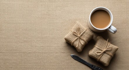A cup of coffee sits beside two burlapwrapped treats and a knife on a textured background