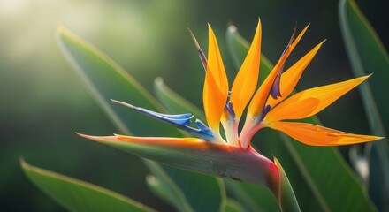 Obraz premium Exotic Bird of Paradise Flower Blooming in Warm Sunlight a Striking Tropical Bloom