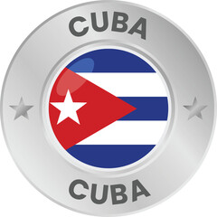 Cuban flag in silver colored medal. National flag in metal circle emblem.
