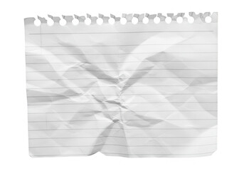 A crumpled sheet of lined paper with torn edges, isolated on transparent background