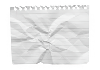 A crumpled sheet of lined paper with torn edges, isolated on transparent background