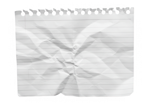 A crumpled sheet of lined paper with torn edges, isolated on transparent background
