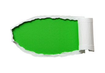 A torn white paper with a green hole and curled edge, isolated on transparent background