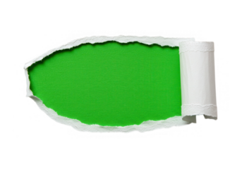 A torn white paper with a green hole and curled edge, isolated on transparent background