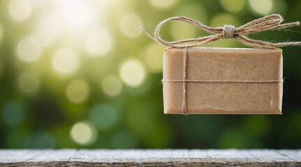 Recycled Paper Label Tied Around Herbal Soap Against Green Bokeh Background