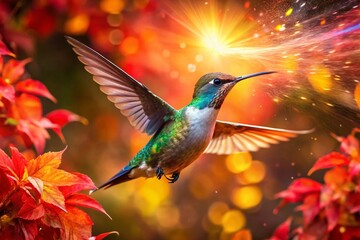 Fototapeta premium Hummingbird in Flight, Long Exposure Spark Trails, Red Leaves - Nature Photography