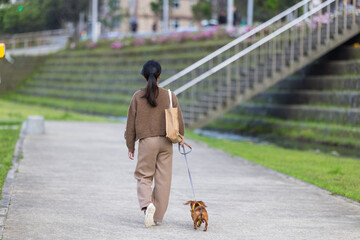 Woman walking with dog in green city park