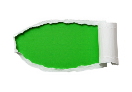A torn white paper with a green hole and curled edge, isolated on transparent background