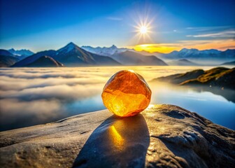 Solitary Orange Rock on Smooth Surface, Majestic Mountain Landscape, Blue Sky - Double Exposure Photography
