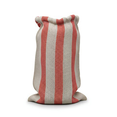 Traditional burlap sack with red stripes, typically used for storing grains, potatoes, or other agricultural products. also commonly used for sack racing competitions