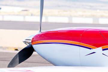 Closeup of a small airplane with propeller