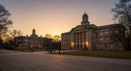 Fototapeta premium Two grand classical buildings stand illuminated at dusk, bathed in warm sunset hues.