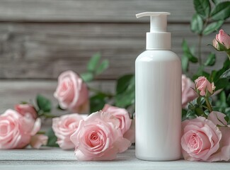 White pump bottle mockup surrounded by pink roses on rustic wooden background.