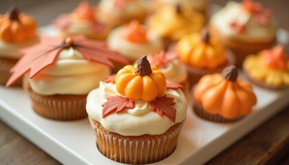 Decorative Autumn Pumpkin Cupcakes with Maple Leaf Toppers on White Serving Plate