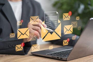 Email marketing online document, Document submission to the customer, Businessman making an email and sending. Newsletter, news, Invione, Alert Email inbox, Real-time notification, and online message