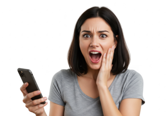 Woman reacts with shock and disbelief to something on her mobile phone isolated on transparent background