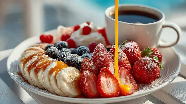 Fresh chia pudding topped with berries and mint leaves, served with coffee on a light blue plate in soft morning light