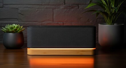 The speaker stands on a wooden base emitting soft light near plants and brick wall