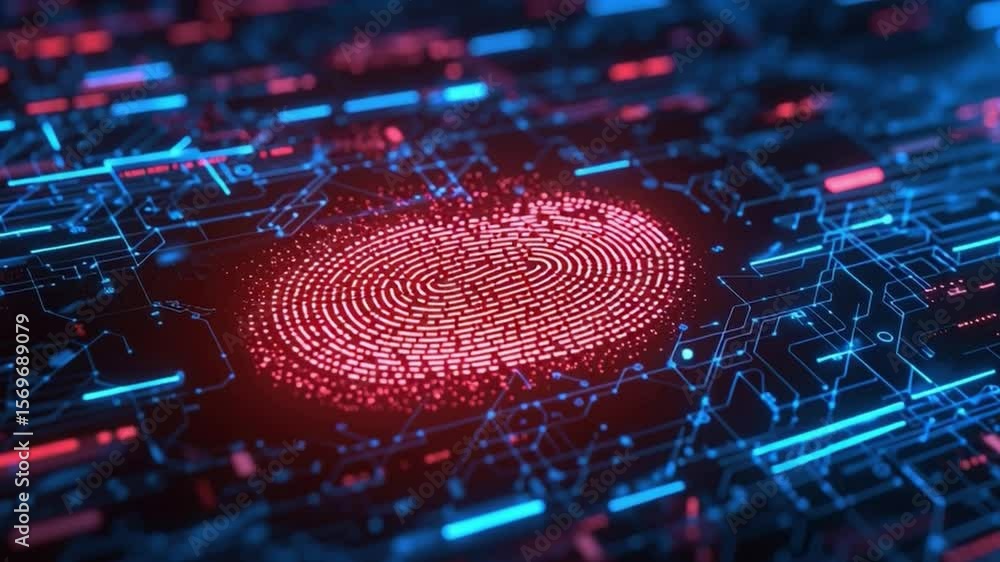 Poster digital fingerprint overlay on a vibrant circuit board background, symbolizing security and technolo