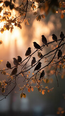 Birds perched on tree branches at sunrise, creating serene and peaceful atmosphere