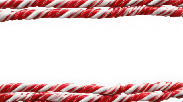 Red and white twisted candy canes border on a white background top and bottom
