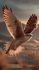 Majestic falcon soars low over desert, its wings spread wide as it scans sandy landscape
