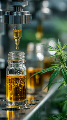 CBD oil extraction process in laboratory setting with focus on equipment and glass bottles
