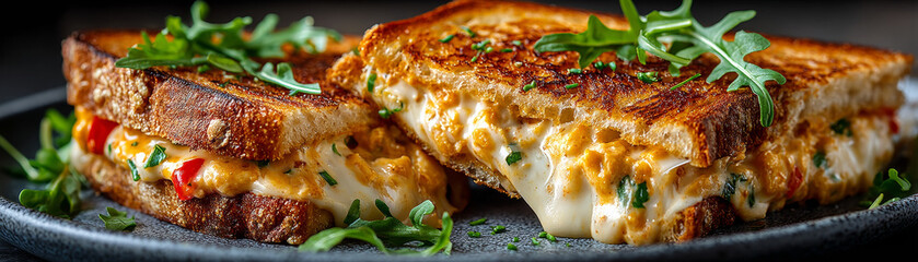 Grilled cheese sandwich oozing with creamy filling and fresh arugula on plate, garnished with herbs