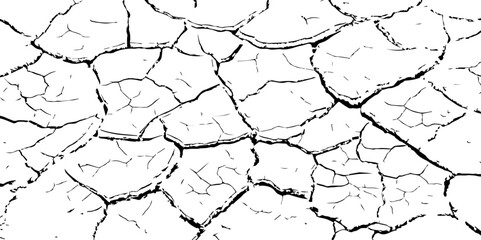 Black and white cracked earth texture, depicting dryness and erosion. Ideal for climate change, drought, desertification, or natural disaster themes in art, design, or environmental awareness.