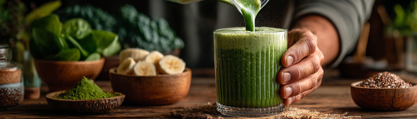Person pours vibrant green smoothie into glass surrounded by fresh ingredients like spinach and bananas, creating healthy and inviting scene