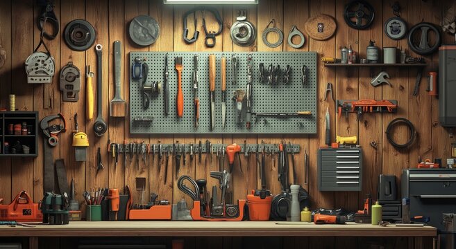 Well-organized workshop with various tools and equipment neatly arranged on wooden walls and workbench.