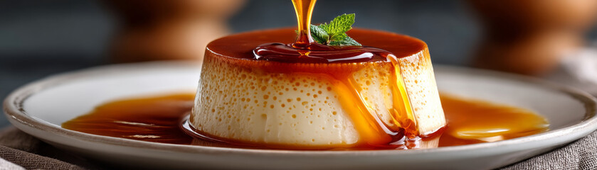 Creamy panna cotta with caramel sauce and mint garnish on plate