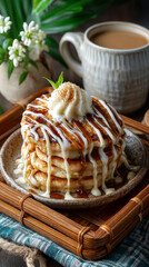 Fluffy pancake stack drizzled with condensed milk and syrup, topped with whipped cream, served on rustic plate