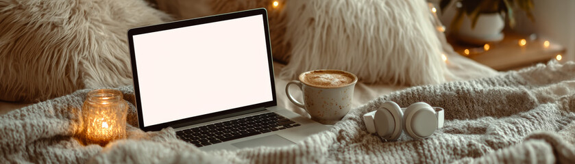 Cozy scene with laptop on bed, surrounded by warm blanket, headphones, candle, and cup of coffee