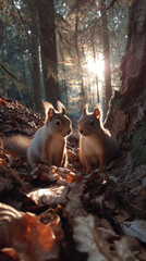 Two squirrels playfully interact on sunlit forest floor, surrounded by fallen leaves