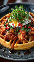 Crispy waffle topped with Thai red curry fried chicken, poached egg, and fresh greens, drizzled with syrup