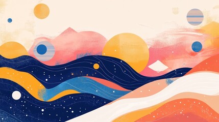 Vibrant abstract landscape illustration with celestial elements