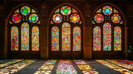 Stained glass windows architecture colorful light pattern design interior