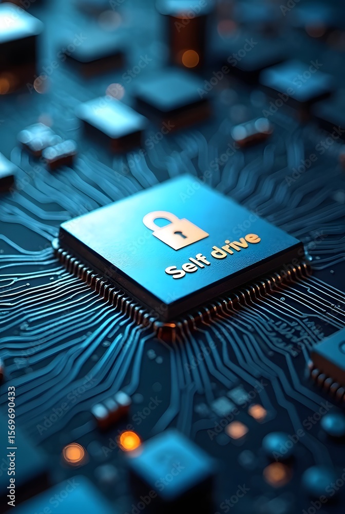 Poster secure selfdriving technology a closeup of a microchip with a padlock icon and the words self drive 