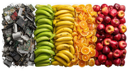 A colorful arrangement of ewaste, green bananas, yellow bananas, oranges, and red apples isolated on transparent background