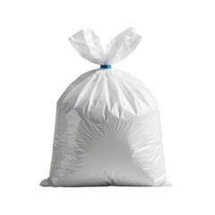 A full white plastic garbage bag tied with a blue band standing upright on a grey background, waste disposal.