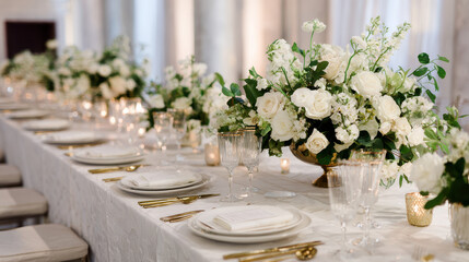 Elegant Table Setting: A meticulously arranged table setting, adorned with pristine white flowers, glistening glassware, and shimmering gold accents.