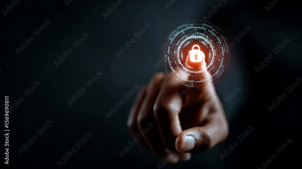 Poster a hand pressing a digital lock symbol, representing cybersecurity and data protection concepts in a 