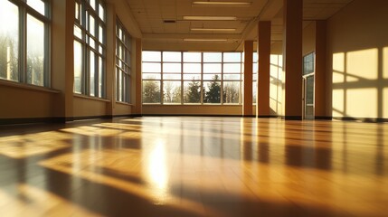 Empty hall with large windows and a shiny, varnished floor casting long shadows