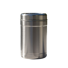 Stainless steel insulated food jar on a white wooden railing in a snowy winter forest, perfect for outdoor activities and keeping food warm.