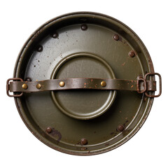 Vintage olive green military mess kit lid with worn leather strap and brass rivets, on a white background. Rustic outdoor gear.