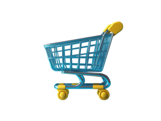 A blue shopping cart with yellow handles
