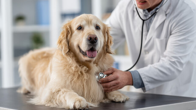 Trusted Veterinary Care: A caring veterinarian examines a beautiful golden retriever with a stethoscope, providing a sense of comfort and expertise in a clean, modern clinic environment.