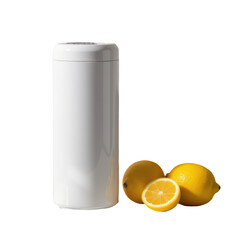 A white minimalist thermal bottle standing next to fresh yellow lemons on a reflective surface with natural sunlight, healthy hydration.